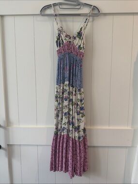 Angie Floral Tiered Maxi Dress in Cream, Blue & Pink